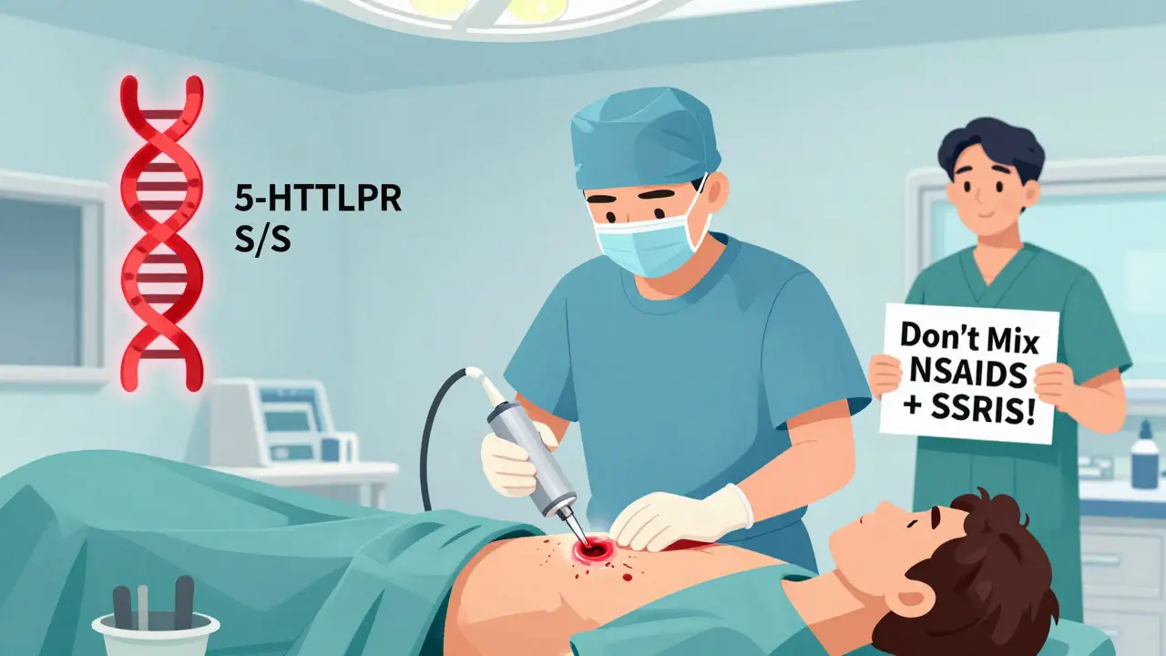 Surgeon using platelet spray during surgery while genetic marker glows nearby