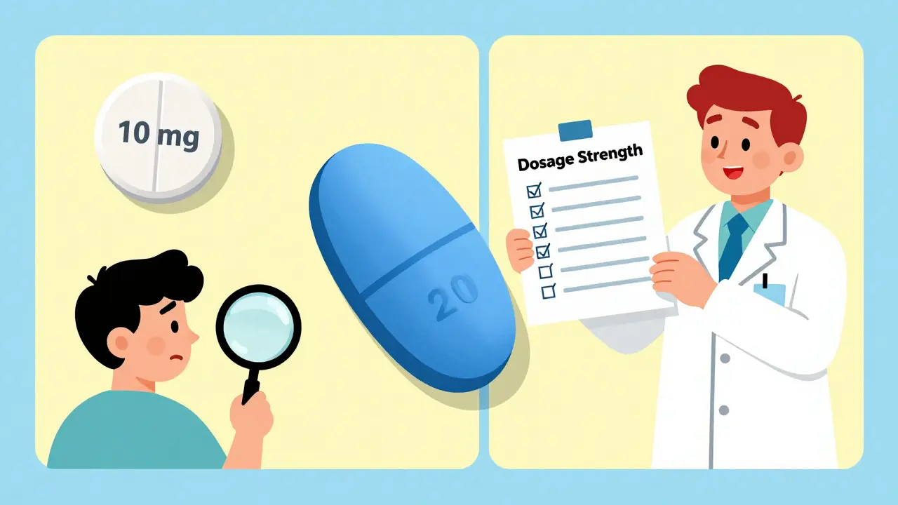 Two pills of different sizes and colors compared under magnifying glass with dosage labels.