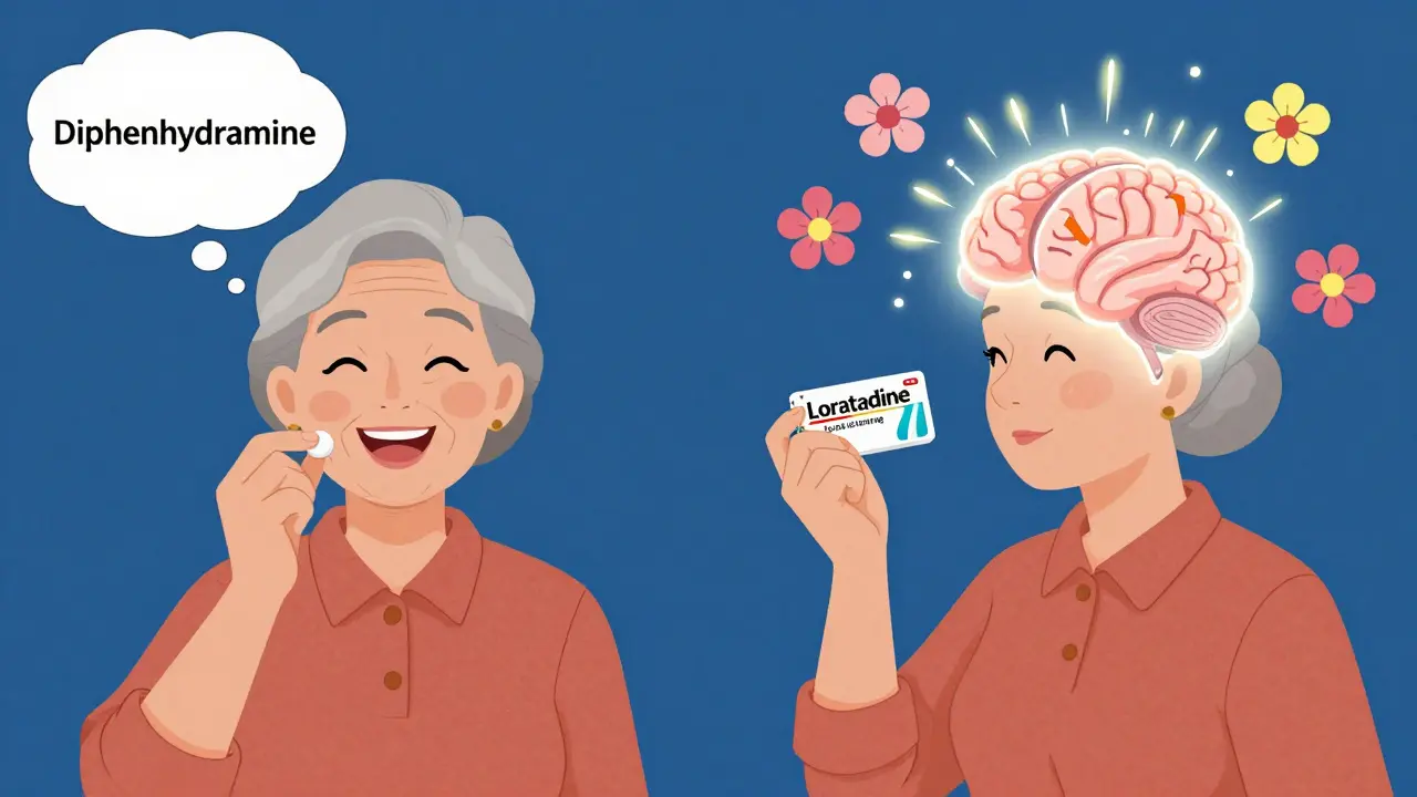 Woman switching from sedating antihistamine to safer alternative with glowing brain.