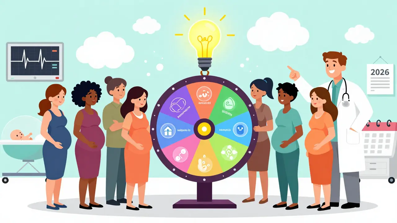 A decision wheel helps pregnant women understand medication risks with professional guidance.
