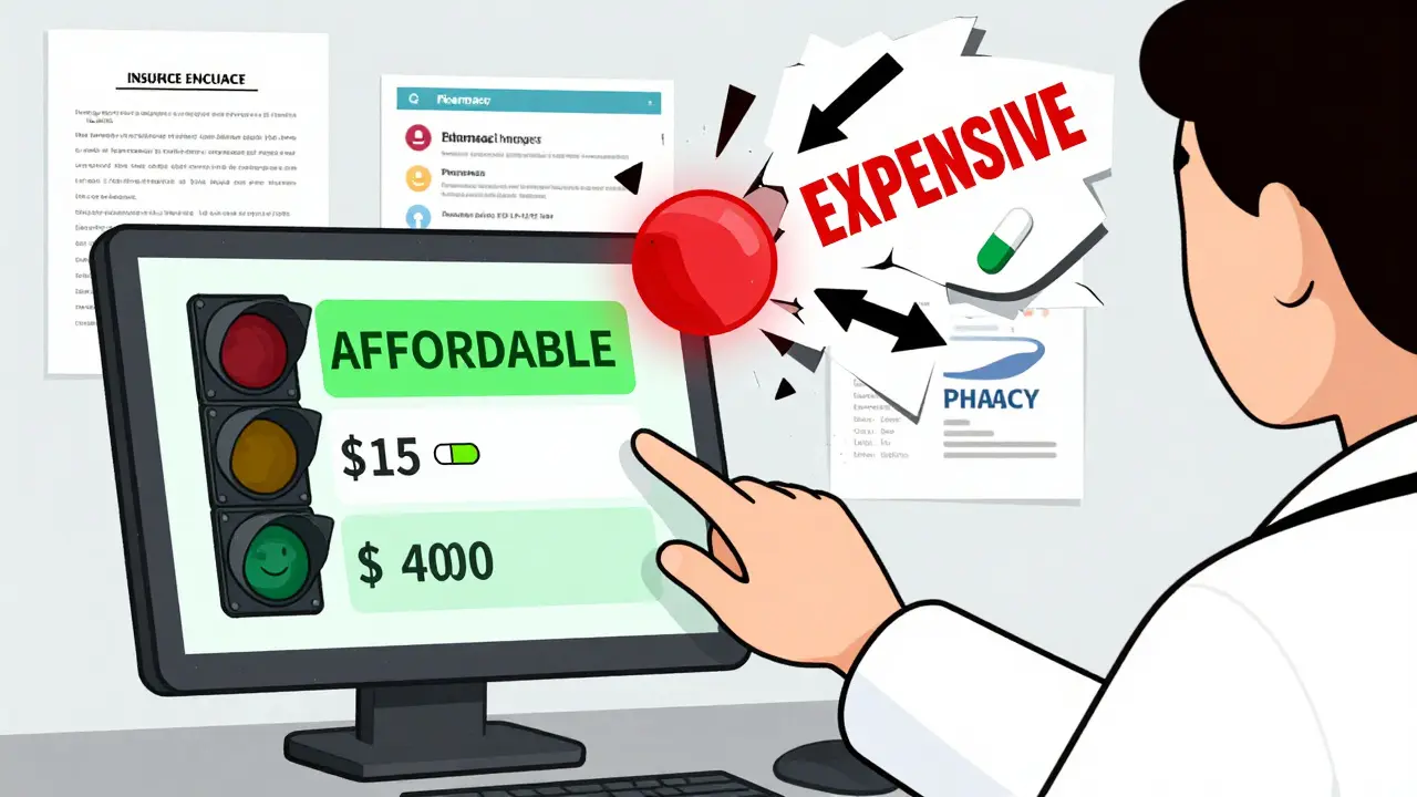 A doctor choosing a low-cost drug with a green traffic light, while expensive options fade away.