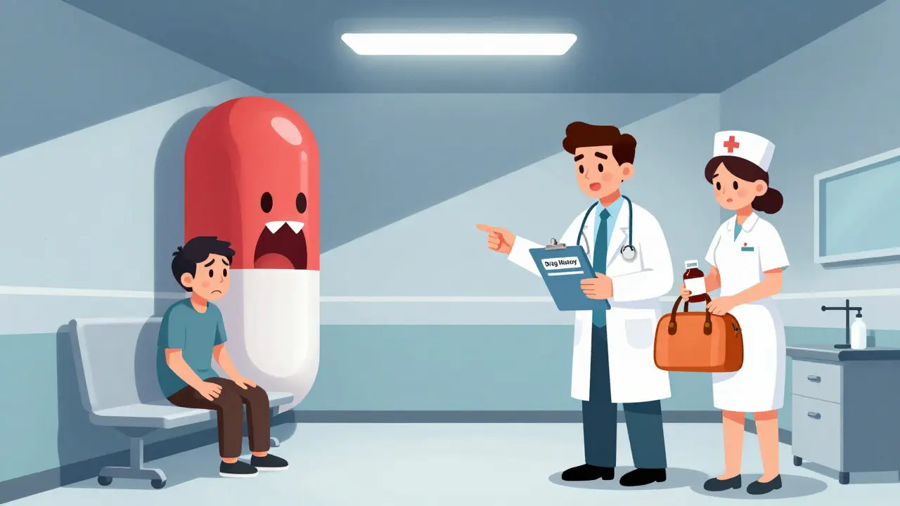 A doctor in an emergency room examines a patient who points at a menacing pill-shaped figure in the corner.