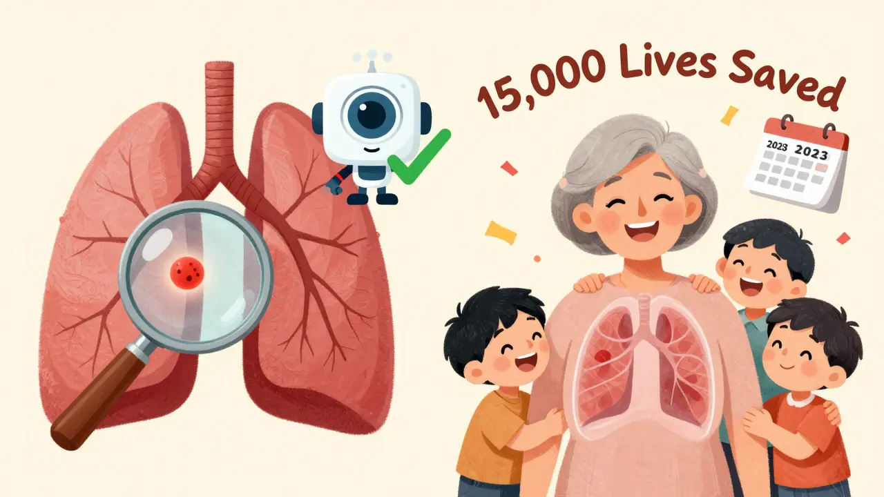 A healthy lung with AI assistance and a grandmother enjoying time with family, in UPA cartoon style.