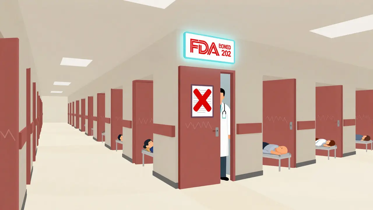 A hospital hallway with patients unresponsive, and a warning sign glowing above.