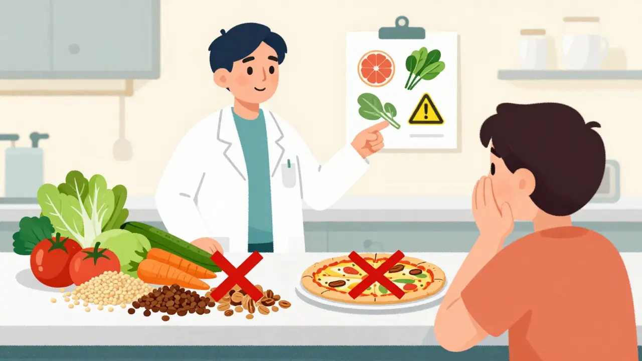A kitchen scene with healthy foods and warning symbols for drug-food interactions, showing the importance of diet in medication safety.