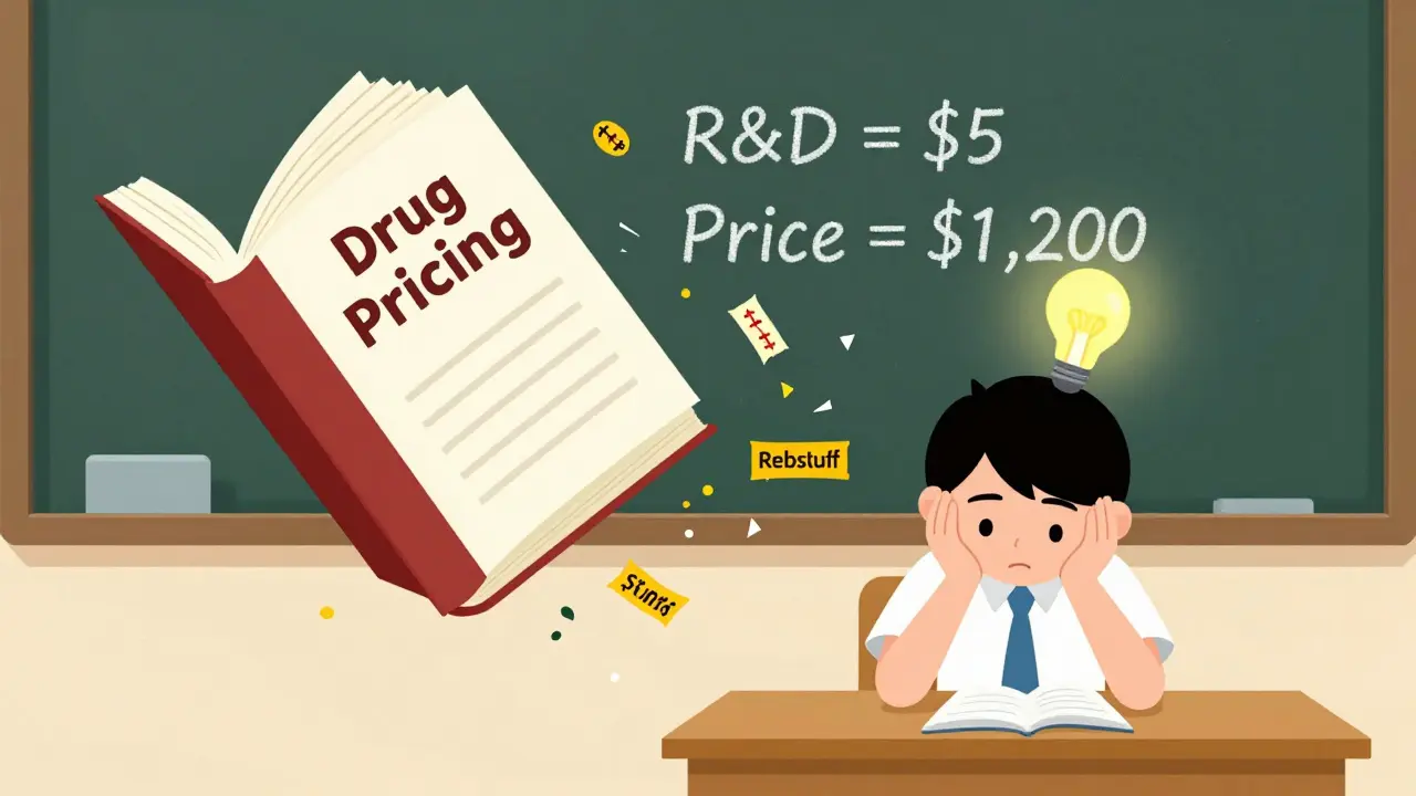 A medical student overwhelmed by exploding drug pricing information in a lecture hall.