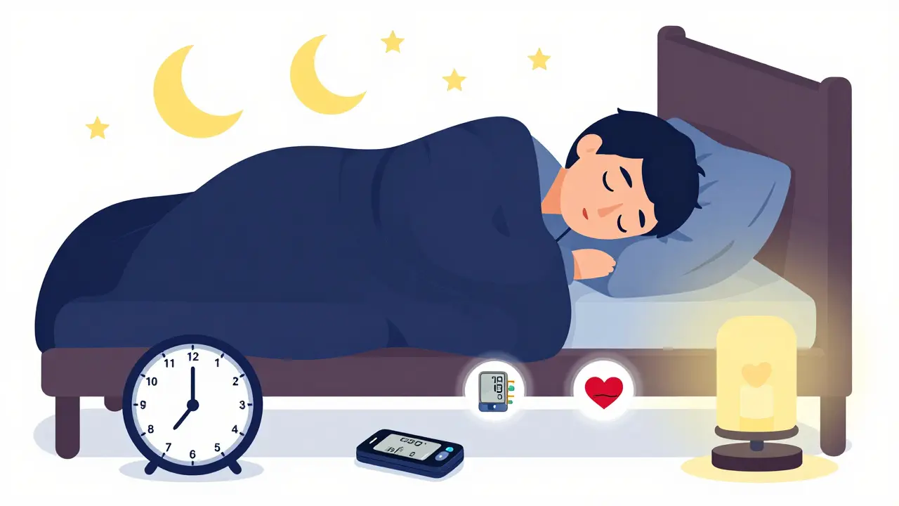 A person sleeping peacefully with symbols of improved health, highlighting how quality rest supports better medication outcomes.