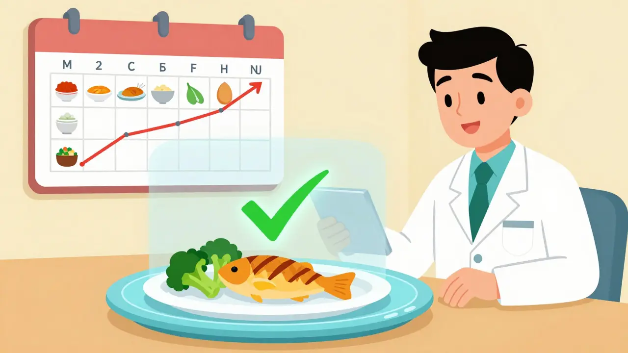 A smart plate scans broccoli and fish, showing a green checkmark, with a doctor beside a chart of steady INR levels.