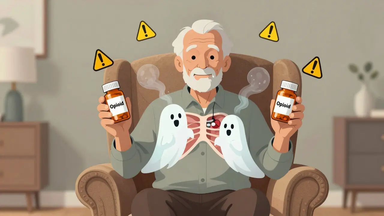 An elderly man smiling as cartoon breathing muscles float away from his body.