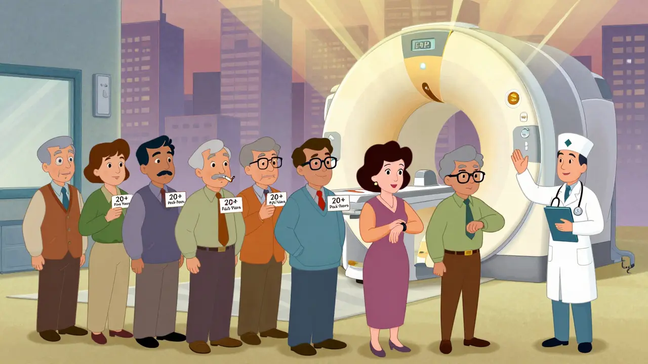 Diverse eligible smokers waiting at a clinic for lung cancer screening, in UPA cartoon style.