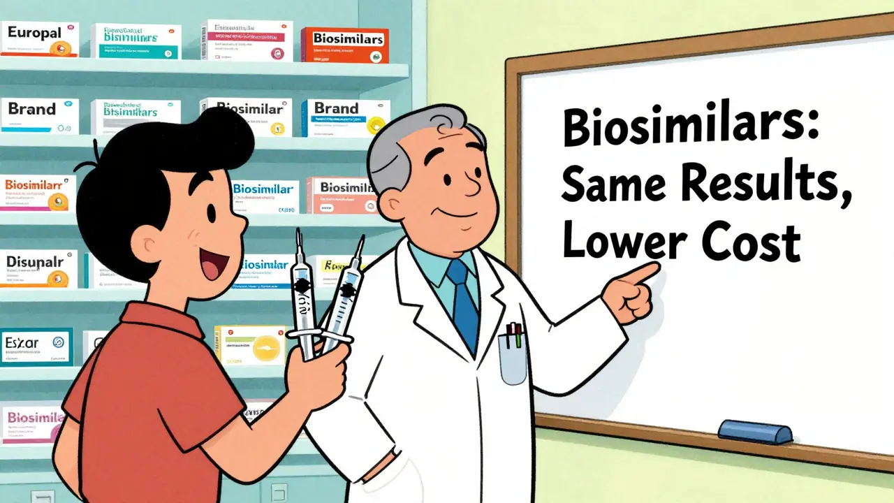 Doctor explains cost difference between brand-name drug and biosimilar syringes to a smiling patient.