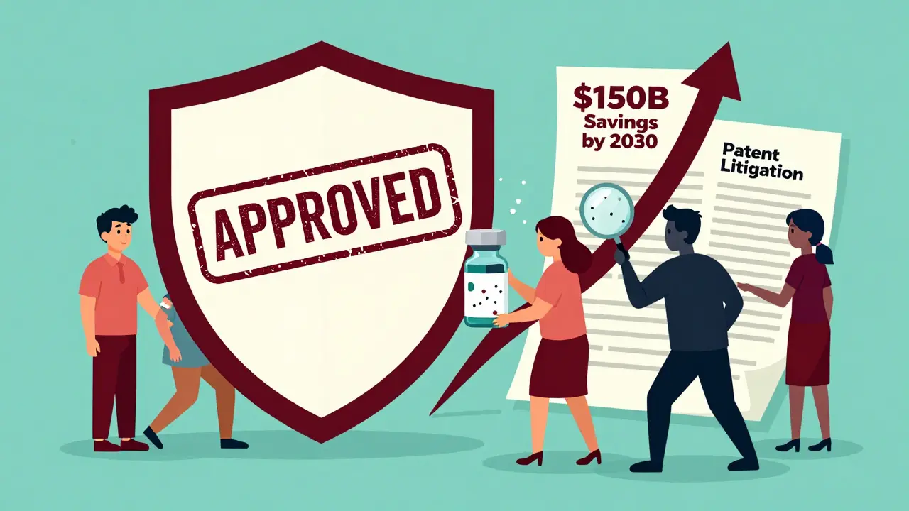 FDA shield protects patients receiving biosimilars while patent barriers are pushed aside by a rising savings arrow.