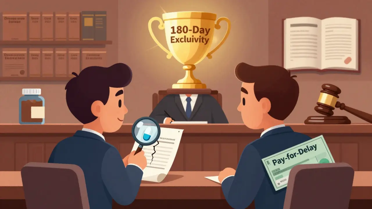 Generic and brand pharma teams face off in court with 180-day exclusivity trophy glowing above