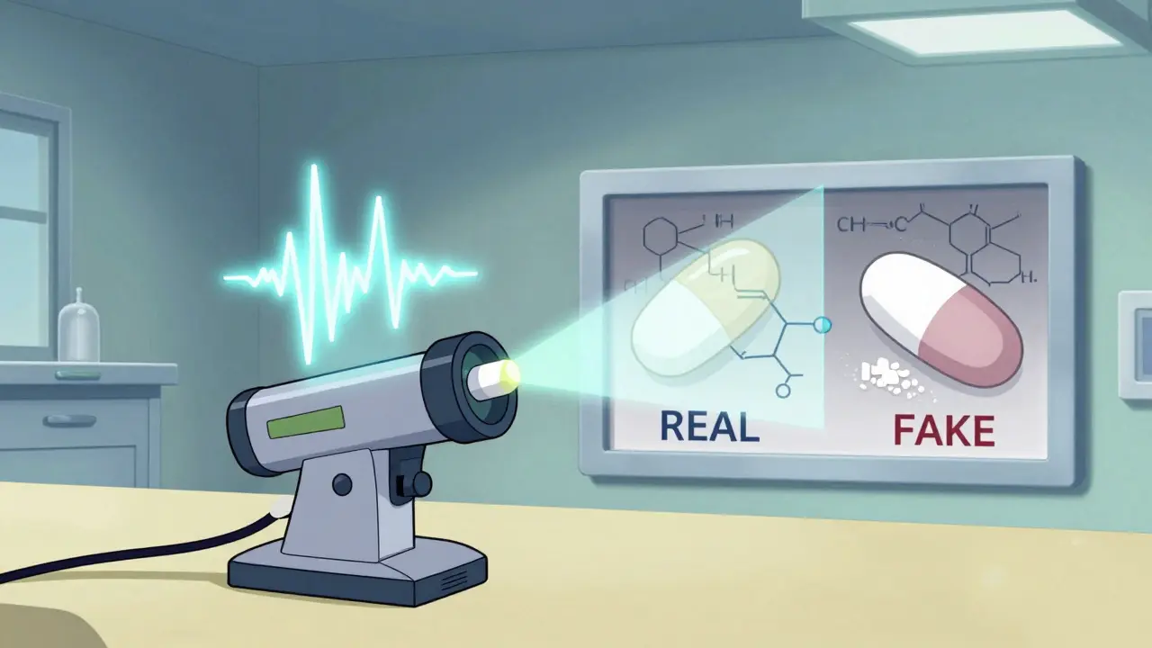 Handheld device analyzing a pill with spectral fingerprint, showing real vs. counterfeit chemical composition.