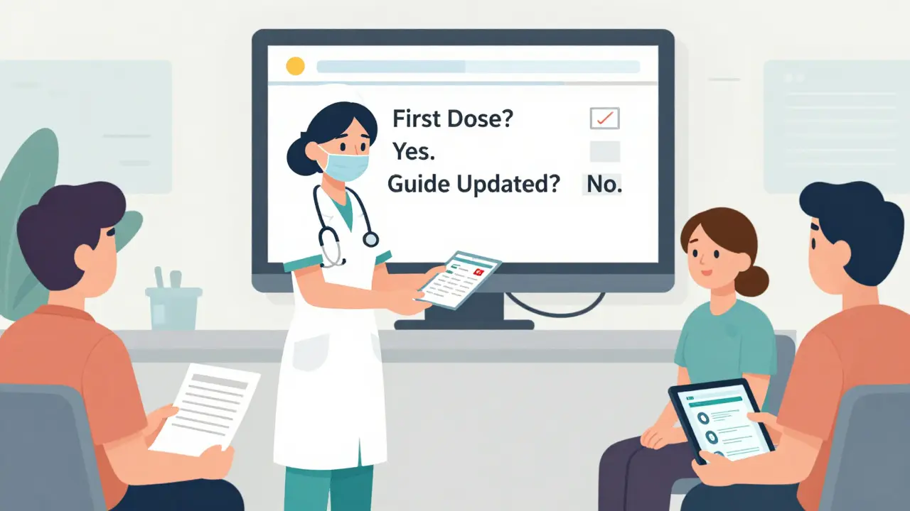 Nurse giving a patient their first Medication Guide in an outpatient clinic