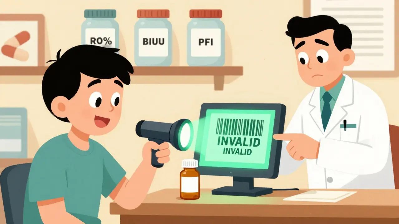 Patient using a UV flashlight to reveal hidden glowing marks on a pill bottle while pharmacist checks a barcode scanner.
