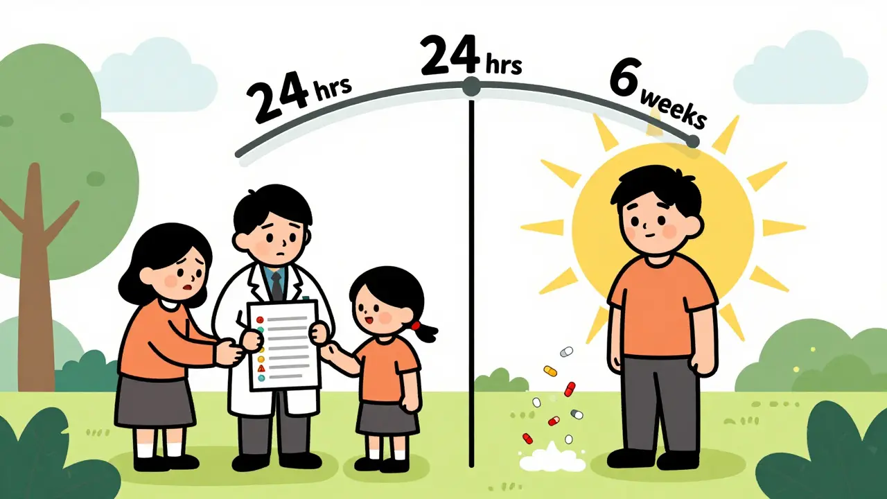 Split scene showing a person recovering from medication-induced psychosis, with pills dissolving into dust over time.
