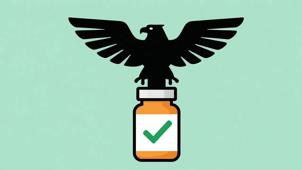 Stylized eagle above pill bottle with checkmark