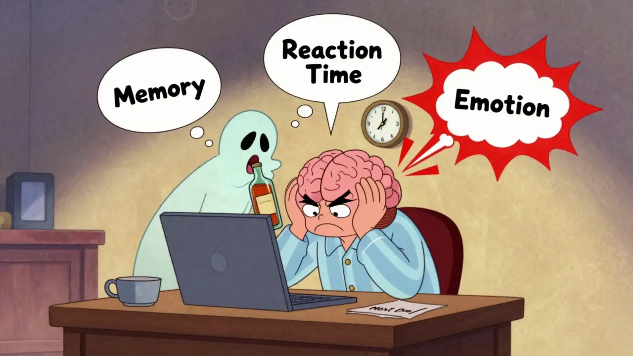 A brain struggling with impaired memory and emotional reactions the morning after drinking alcohol.