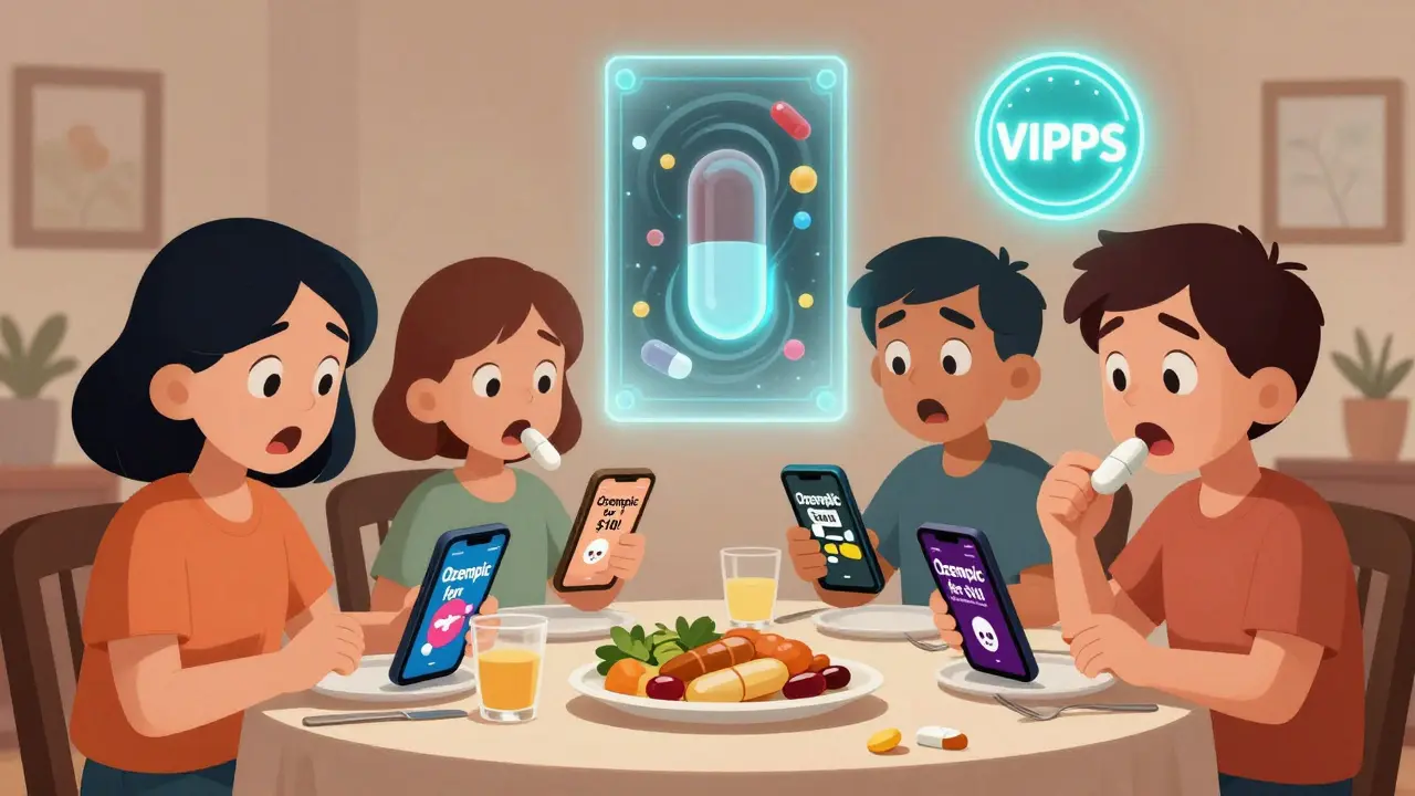 A family looking at phone ads for cheap drugs while one unknowingly takes a fake pill with hidden fentanyl symbol.