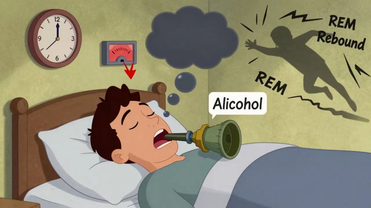 A man snoring with a collapsing airway and apnea bubbles, showing how alcohol worsens breathing during sleep.