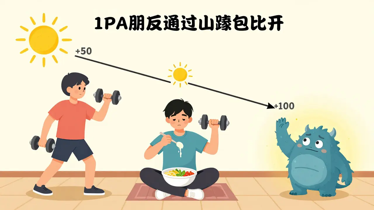 A person slowly adding calories and lifting weights, with a recovering metabolism monster smiling as warmth returns.