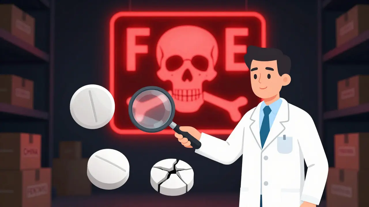 A pharmacist using a magnifying glass to compare real and fake pills under a glowing warning sign.