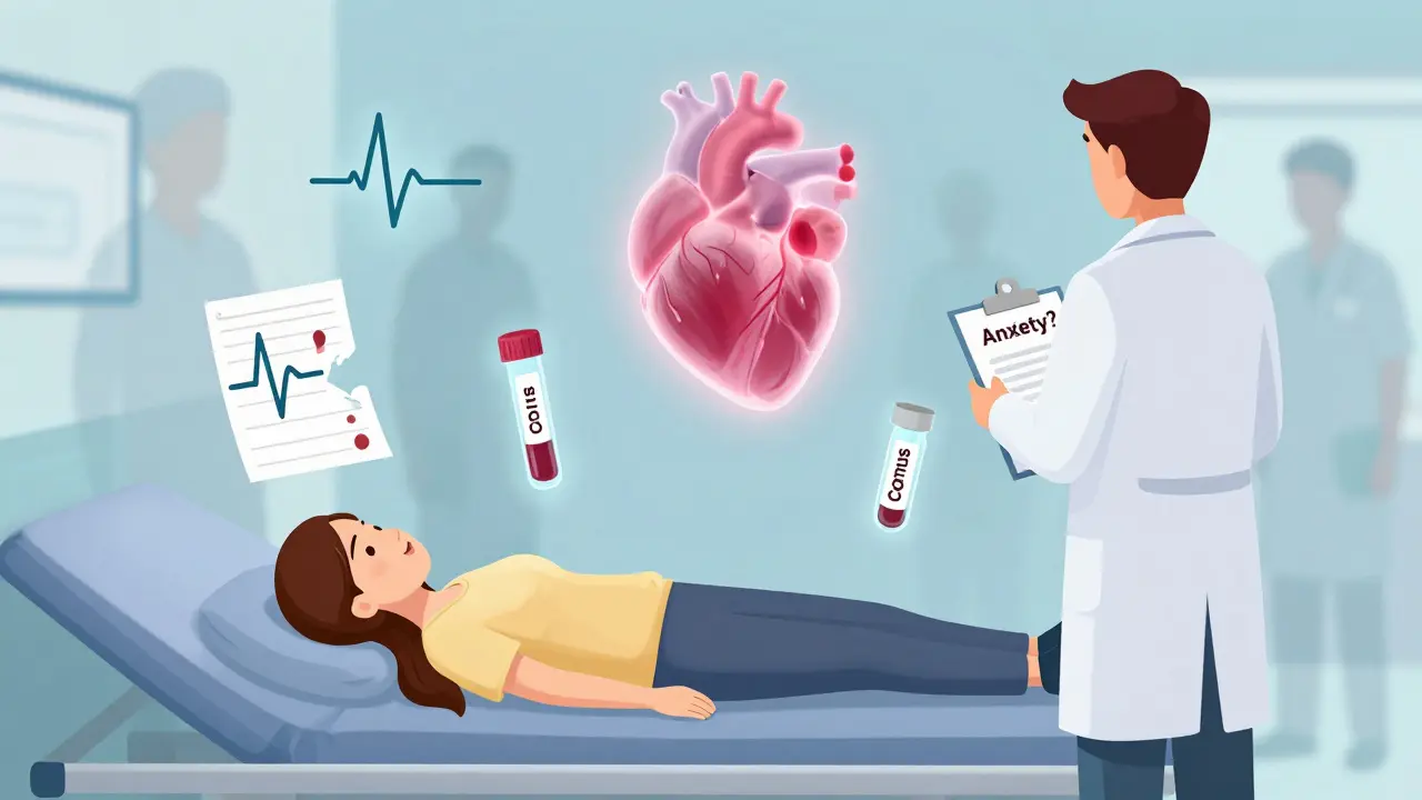 A woman collapsing in a hospital as outdated medical symbols float around her.