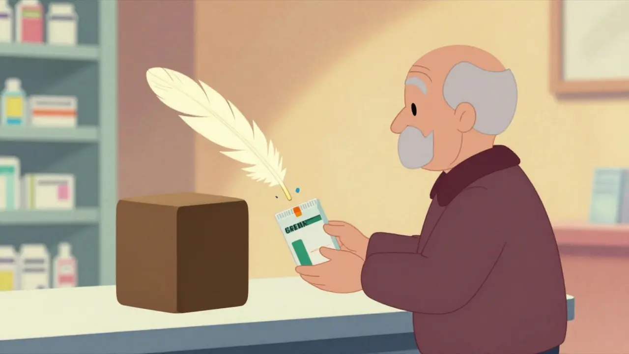 Cartoon of senior citizen smiling at pharmacy counter with bag