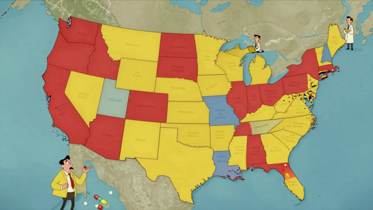 Color-coded U.S. map showing state-by-state generic substitution laws with pharmacists and patients