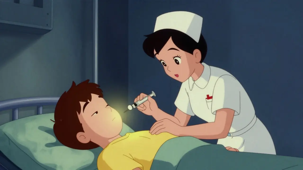 Nurse helping patient recover with warm yellow lighting.