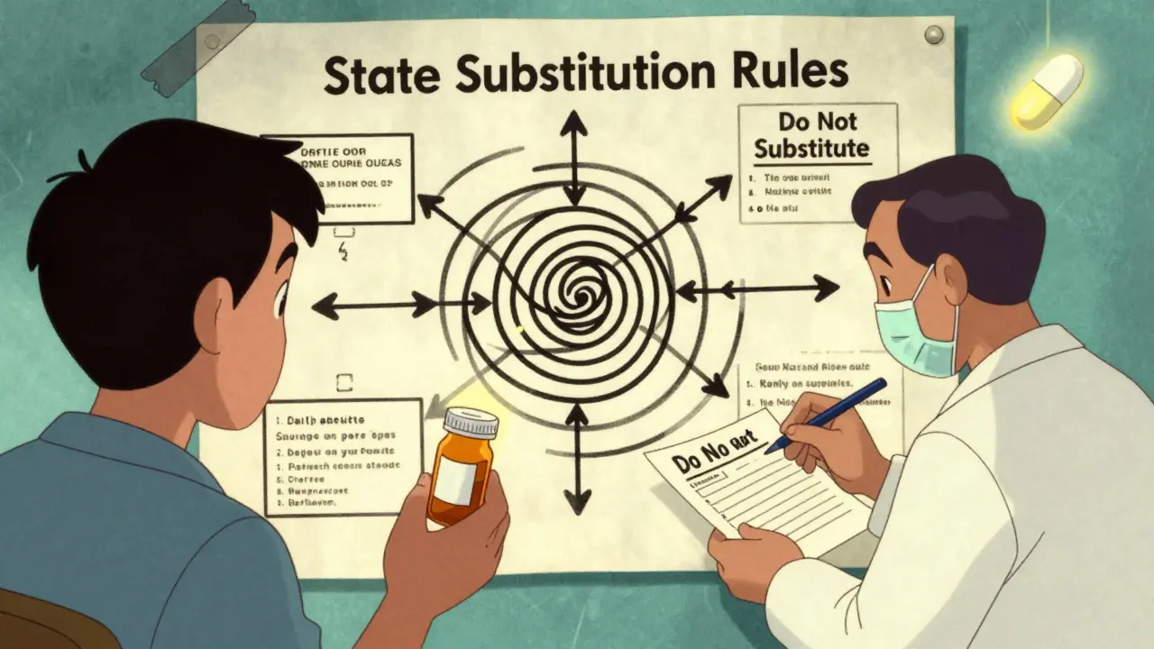 Patient confused by a complex flowchart of state substitution rules while doctor writes 'Do Not Substitute'