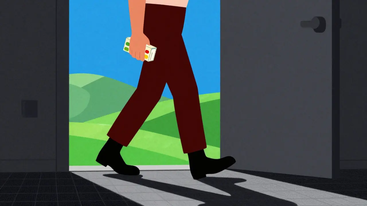 Person walking through open door holding medicine box