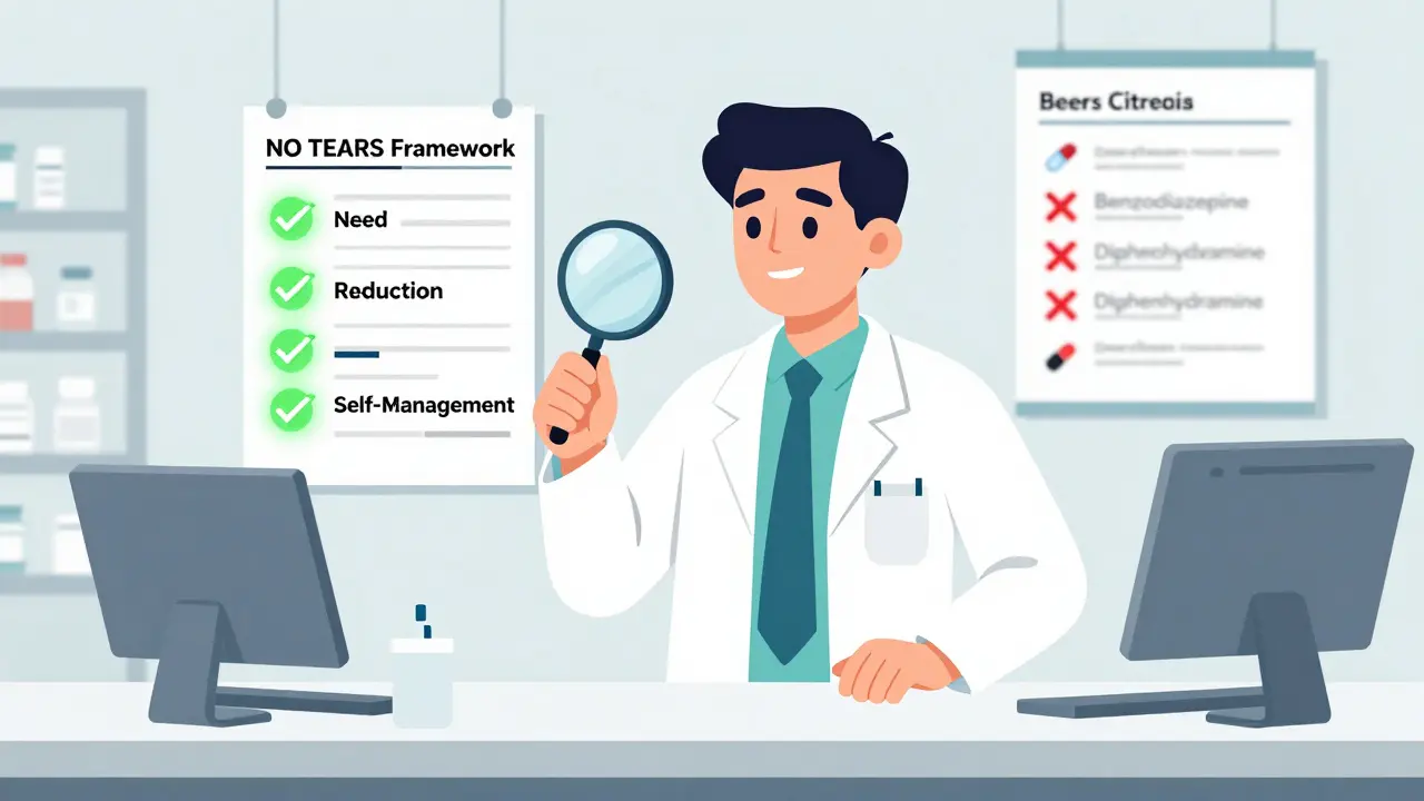 Pharmacist using magnifying glass to review medication chart with NO TEARS framework.