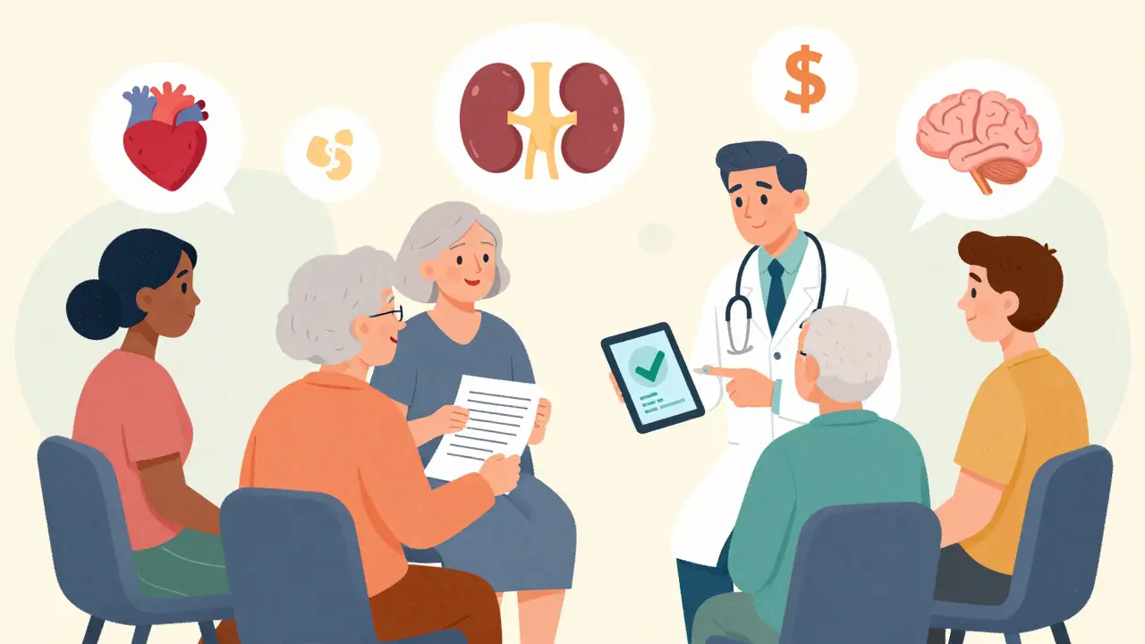 Seniors and doctors in circle discussing meds, with icons representing health concerns and costs.