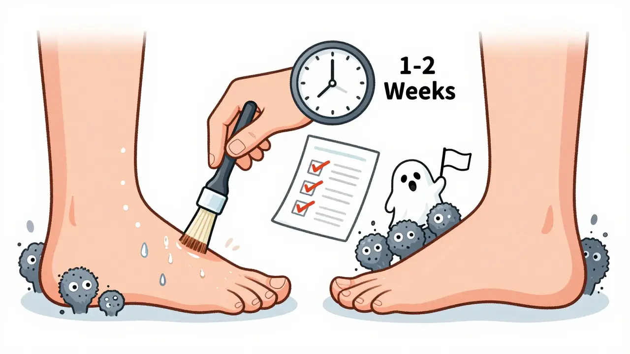 Split-panel illustration of a fungal foot transforming into a healthy one after treatment, with visual timeline.
