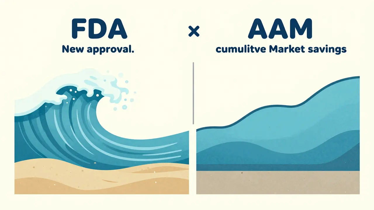 Stylized illustration comparing water wave to rising tide levels