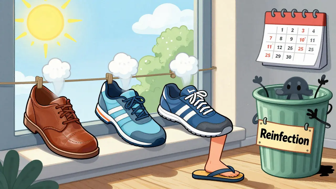 Three drying shoes emitting antifungal powder clouds, with a defeated fungus monster in a trash can.