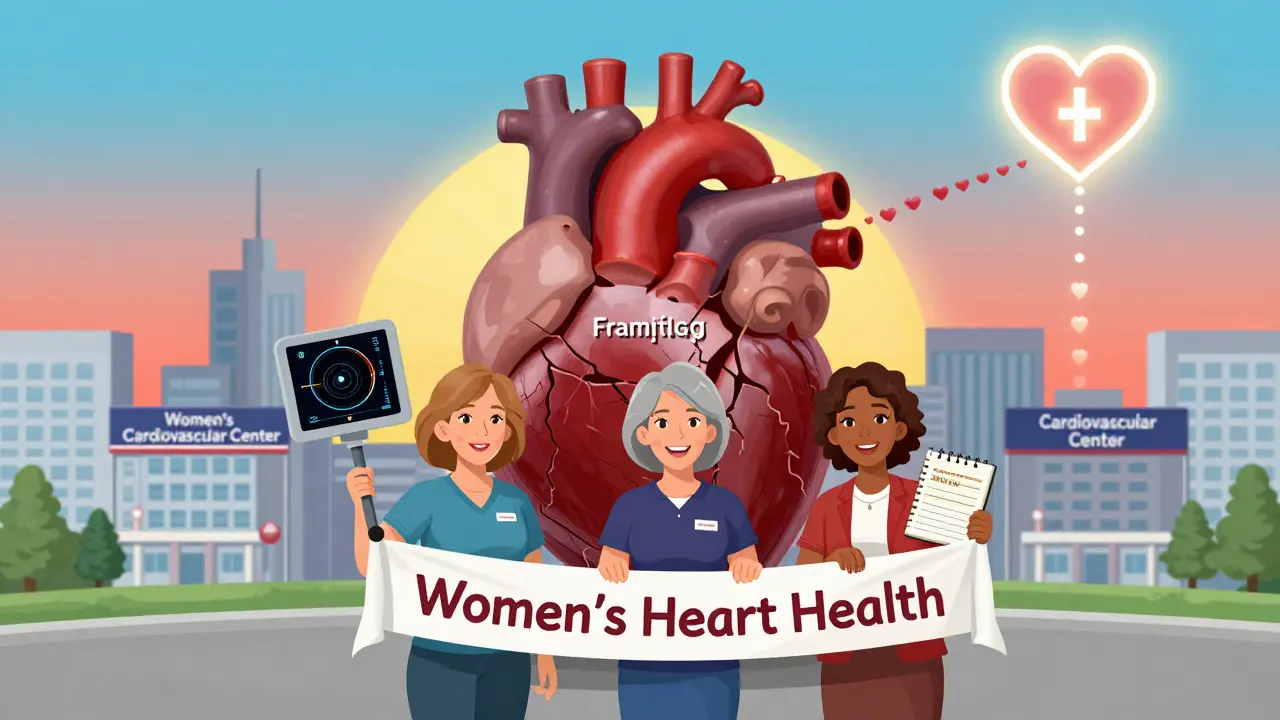 Three women standing before a cracked male heart model, holding new diagnostic tools.