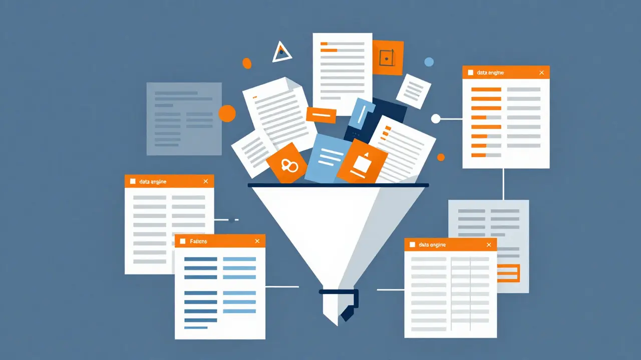A conceptual funnel processing medical reports into organized data tables.