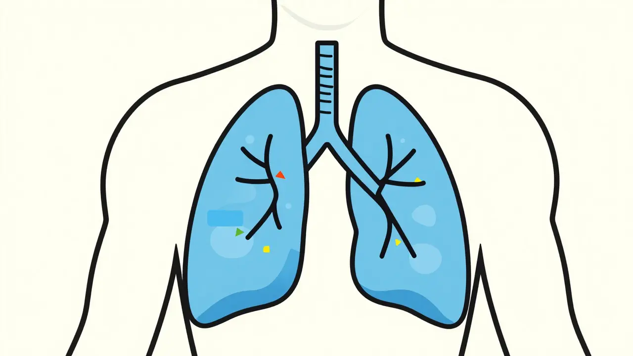 Abstract illustration of lungs and airways showing the effect of asthma medication.