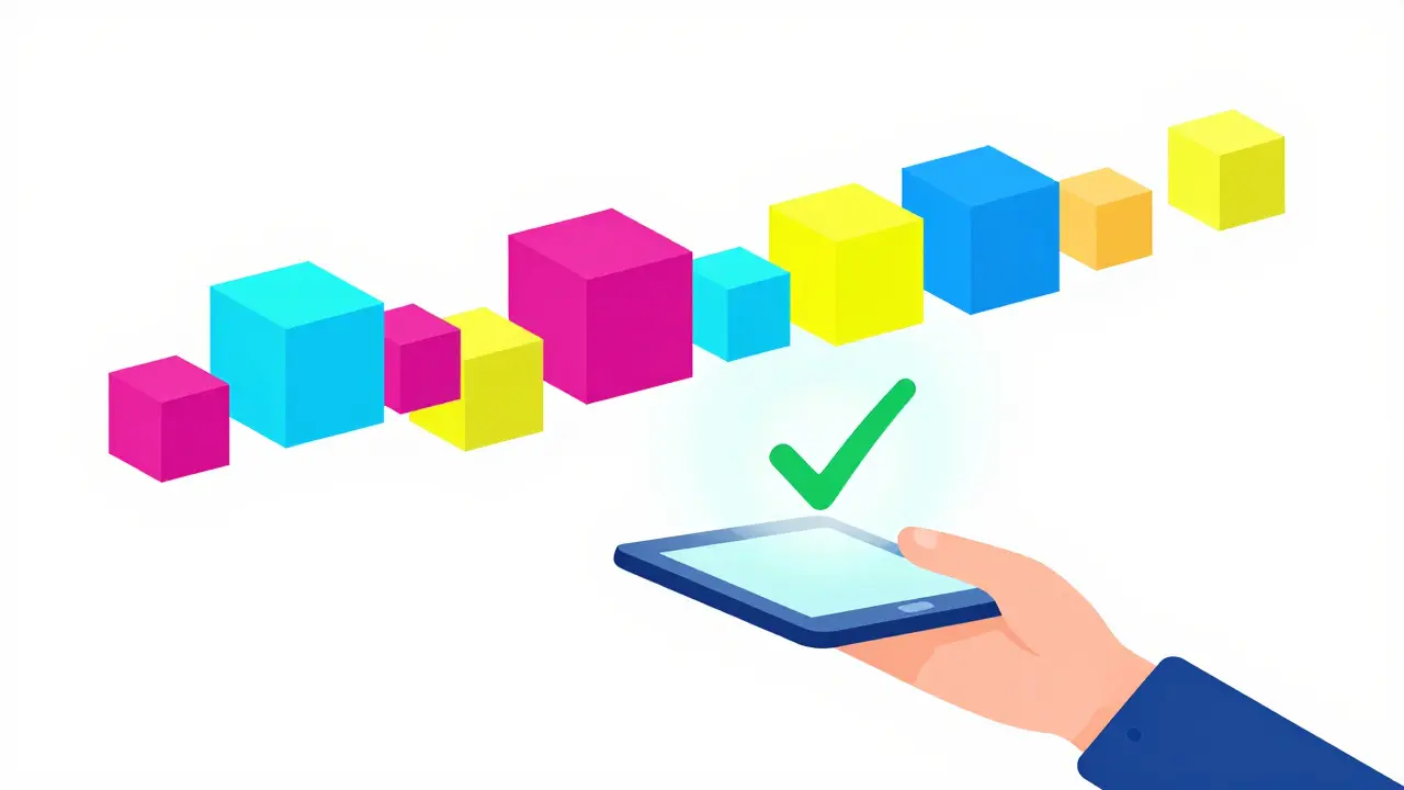 Abstract UPA style depiction of blockchain technology securing a pharmaceutical supply chain.