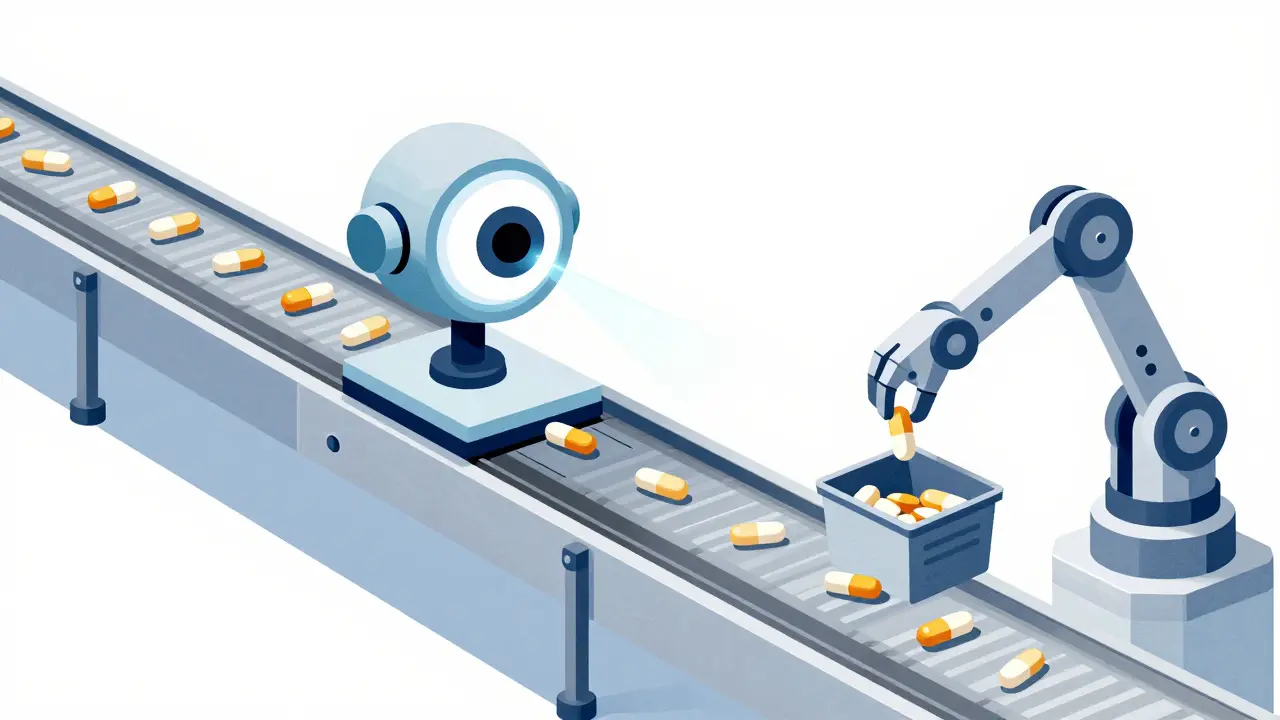 AI-powered sensor on a pharmaceutical assembly line removing a defective pill.