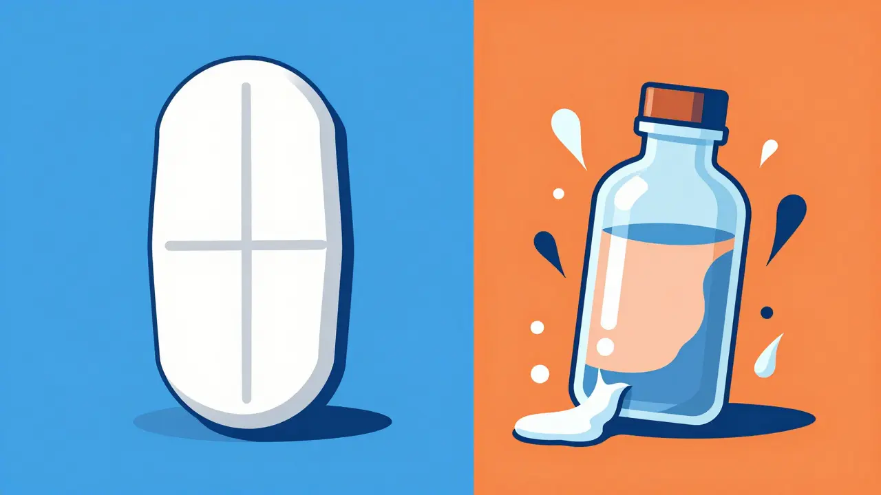 Comparison of a stable solid tablet and a degrading liquid medication bottle