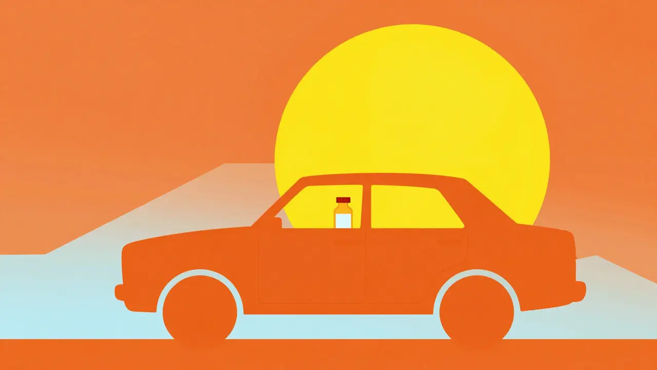 Graphic illustration of a medicine bottle inside a car under a hot, bright sun.