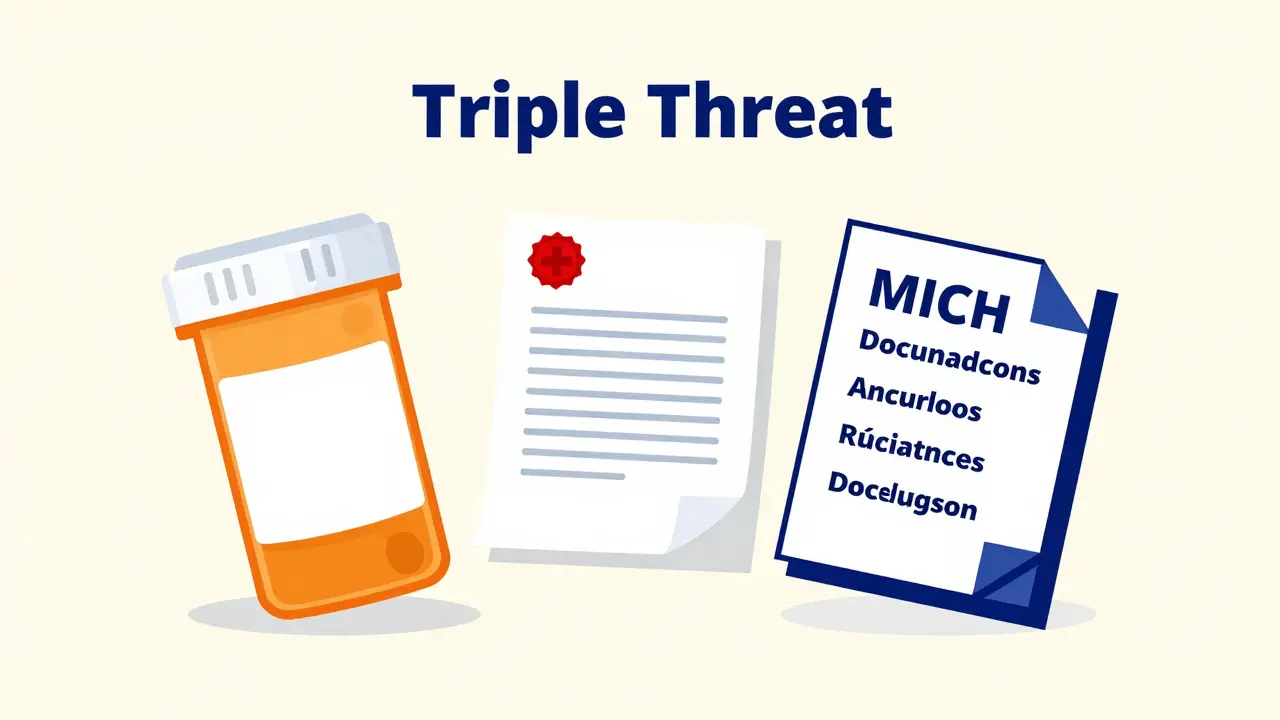 Graphic UPA style depiction of a prescription bottle, doctor's letter, and translated document