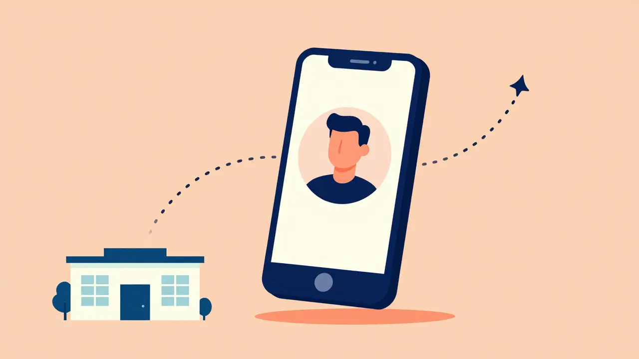 Illustration of a doctor on a smartphone screen sending a digital prescription to a pharmacy.