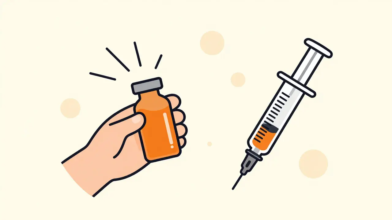 Illustration of a hand shaking a medicine bottle next to a precise oral syringe.