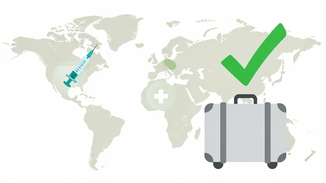 Minimalist UPA style illustration of a suitcase and medical symbols over a world map