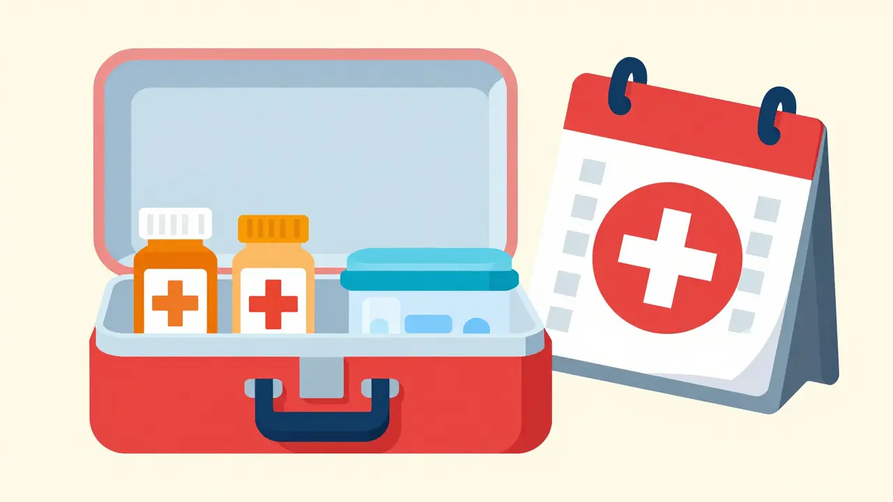 Organized emergency medical kit with a rotation calendar in a minimalist style